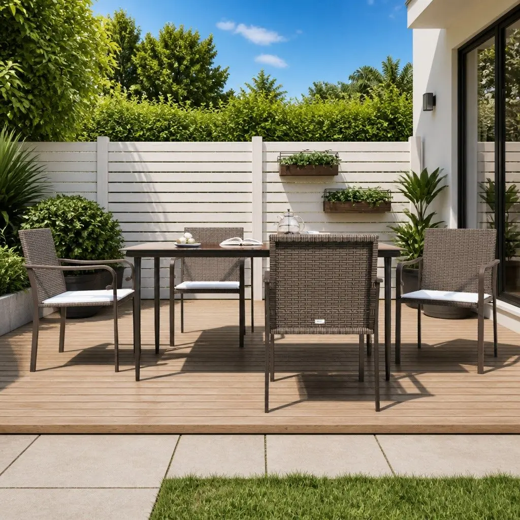 Outdoor Dining Set 5 Piece Brown Rattan Steel Frame with Cushioned Chairs and Tempered Glass Tabletop