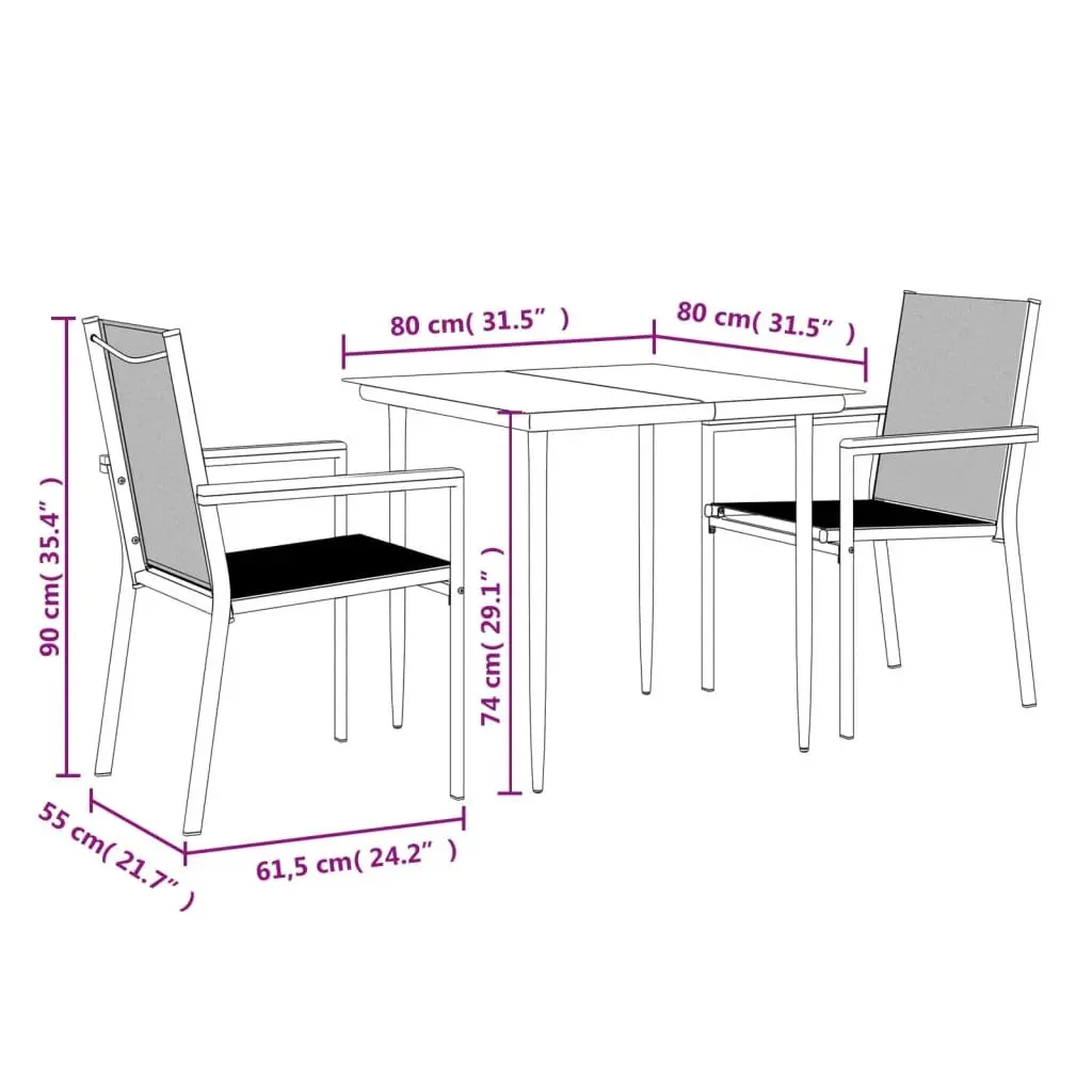 Garden Dining Set Steel Textilene Fabric 3 Piece Black Outdoor Furniture
