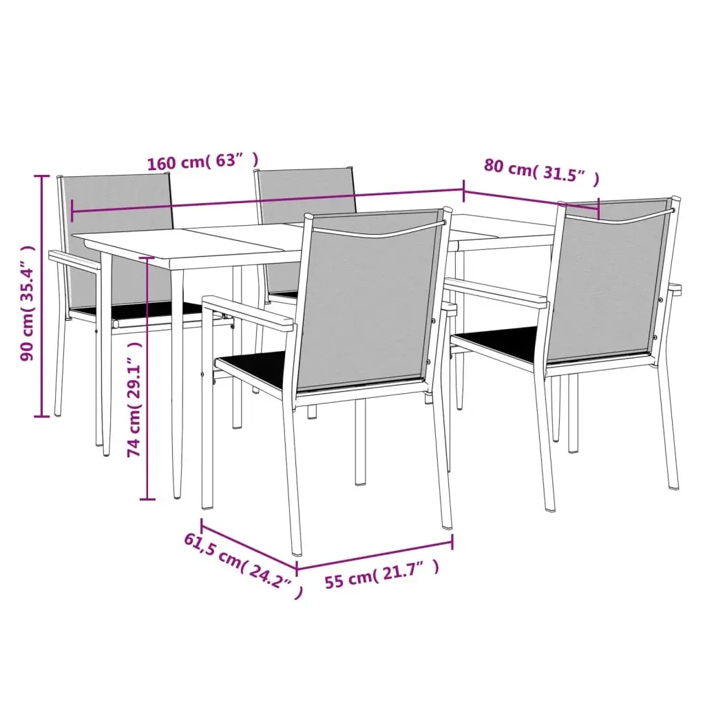 Outdoor Dining Set Black Textilene Steel Frame 5 Piece Table and Chairs