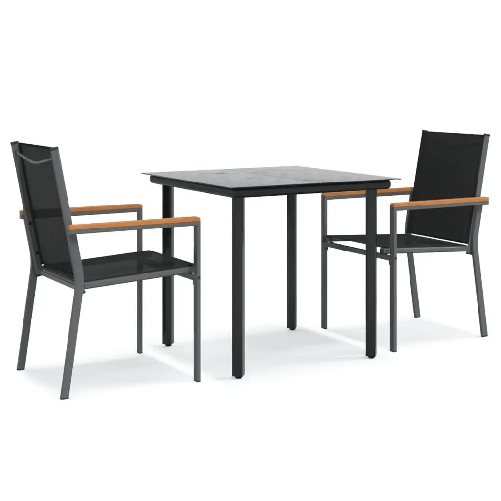 3 Piece Outdoor Dining Set Steel Table Textilene Black Chairs