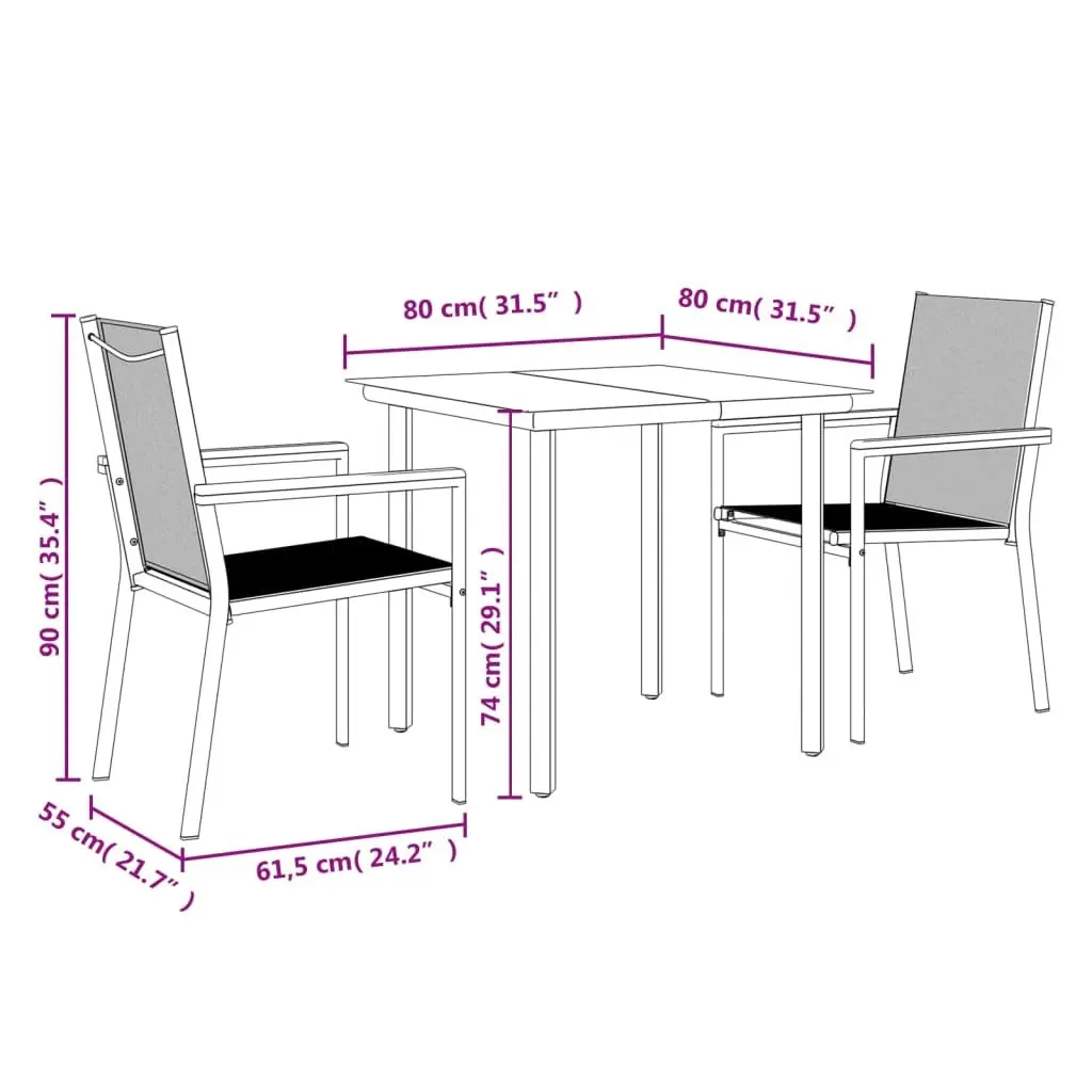 3 Piece Outdoor Dining Set Steel Table Textilene Black Chairs
