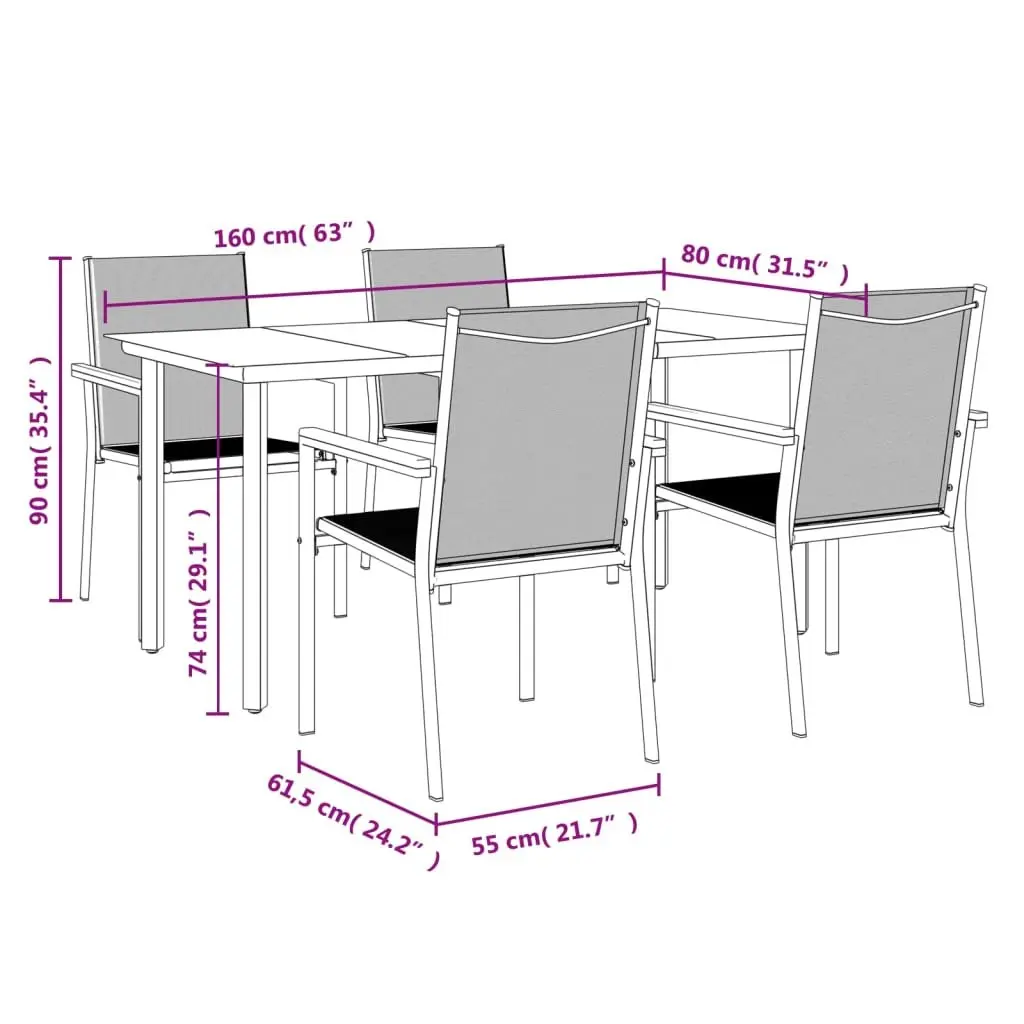 Garden Dining Set 5 Piece Steel Frame Textilene Chairs Tempered Glass Table Black