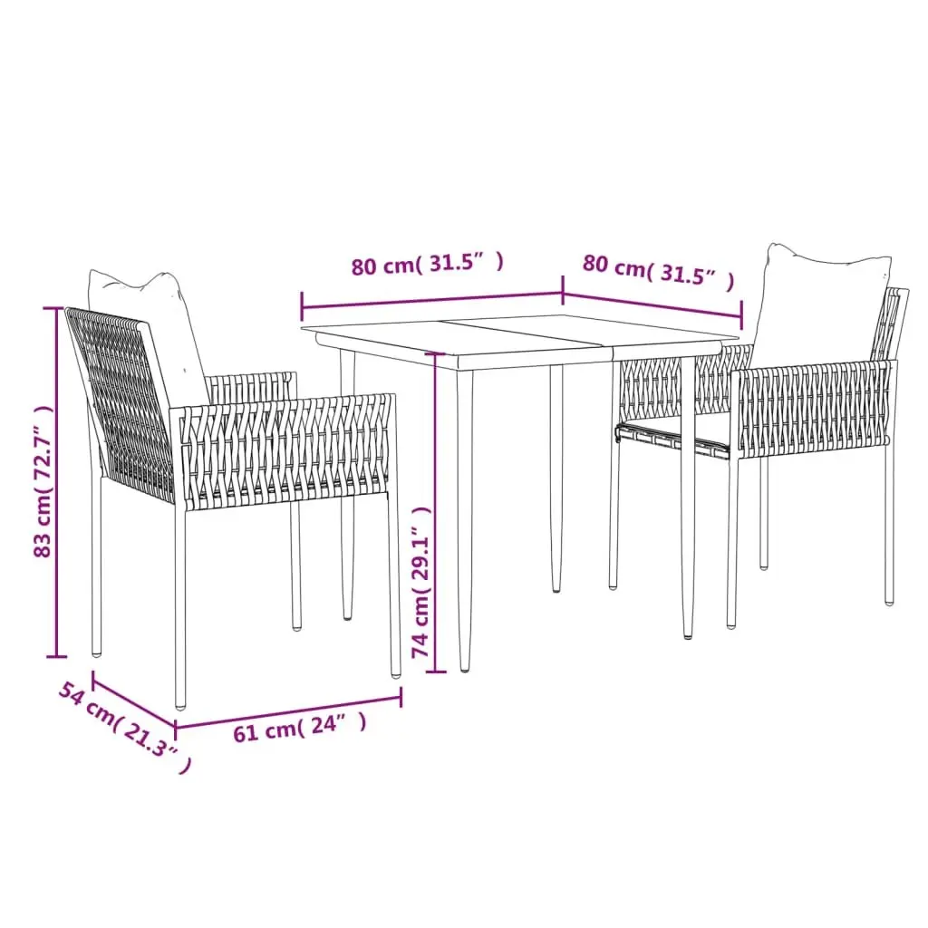 Garden Dining Set PE Rattan Steel Frame 3 Piece Brown with Cushions