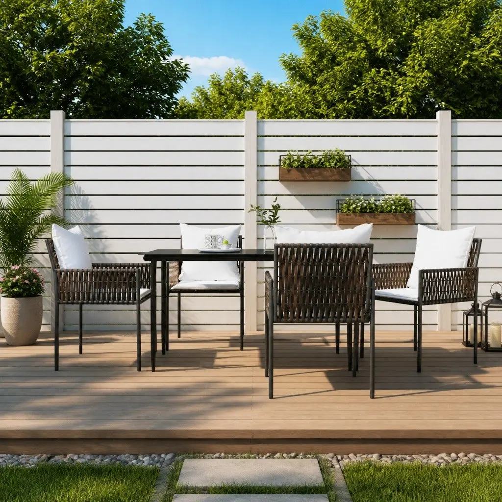 5 Piece Garden Dining Set PE Rattan Steel Frame Tempered Glass Table Brown Chairs
