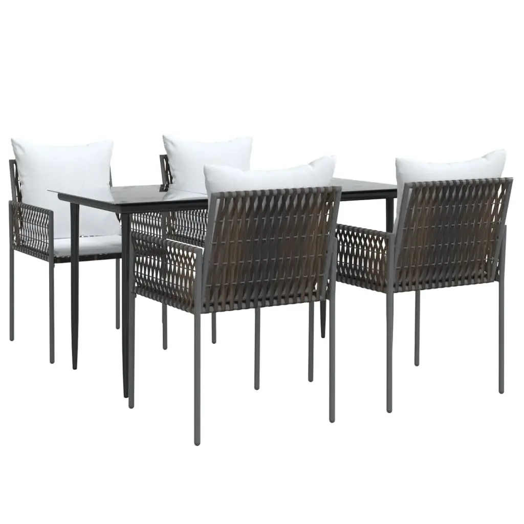 5 Piece Garden Dining Set PE Rattan Steel Frame Tempered Glass Table Brown Chairs
