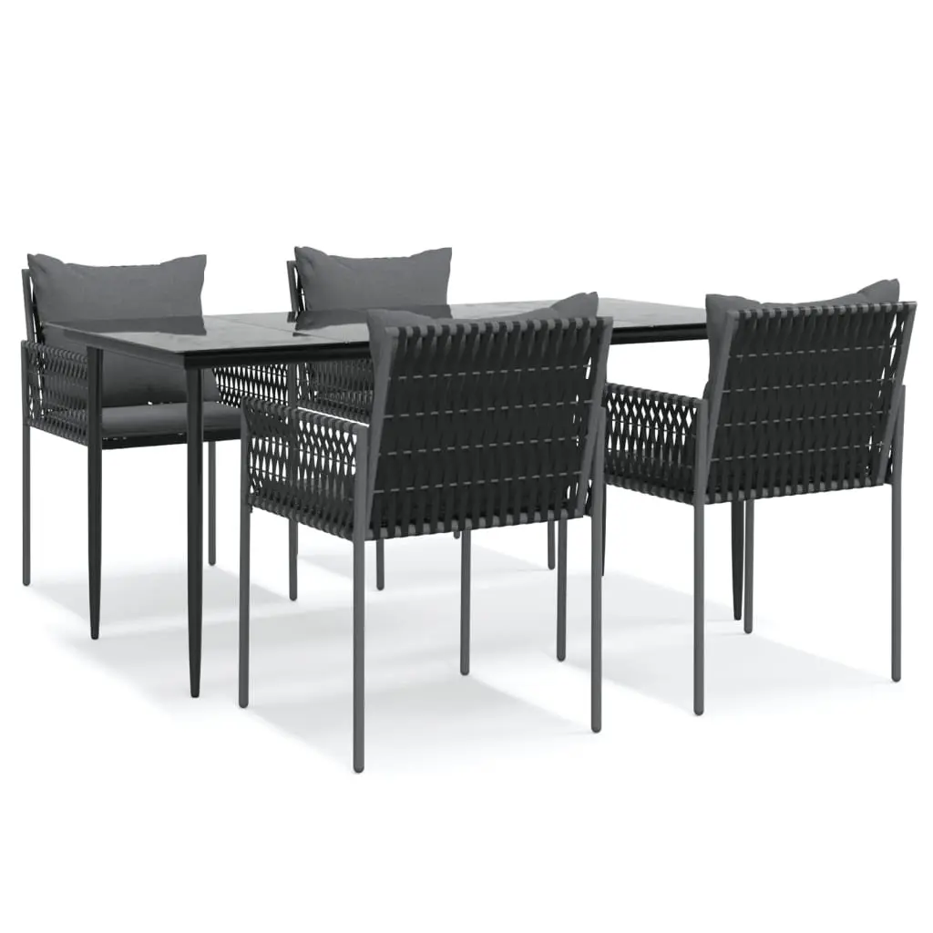 5 Piece Black Poly Rattan Dining Set Steel Frame Chairs with Cushions Outdoor Furniture
