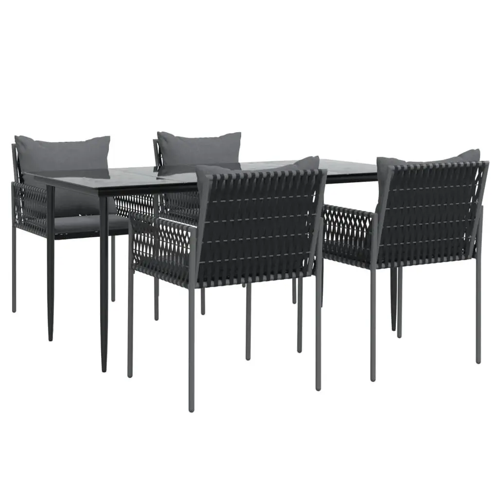 5 Piece Black Poly Rattan Dining Set Steel Frame Chairs with Cushions Outdoor Furniture