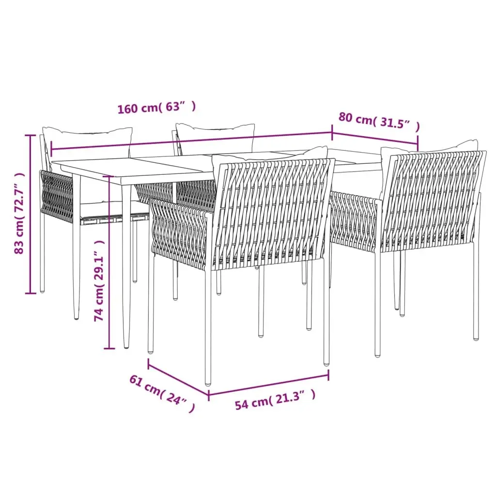 5 Piece Black Poly Rattan Dining Set Steel Frame Chairs with Cushions Outdoor Furniture