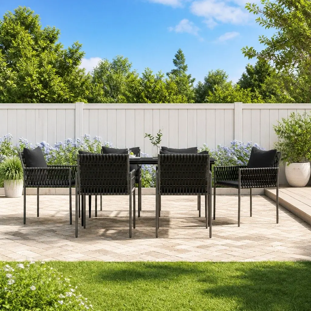 7 Piece Garden Dining Set Poly Rattan Steel Black