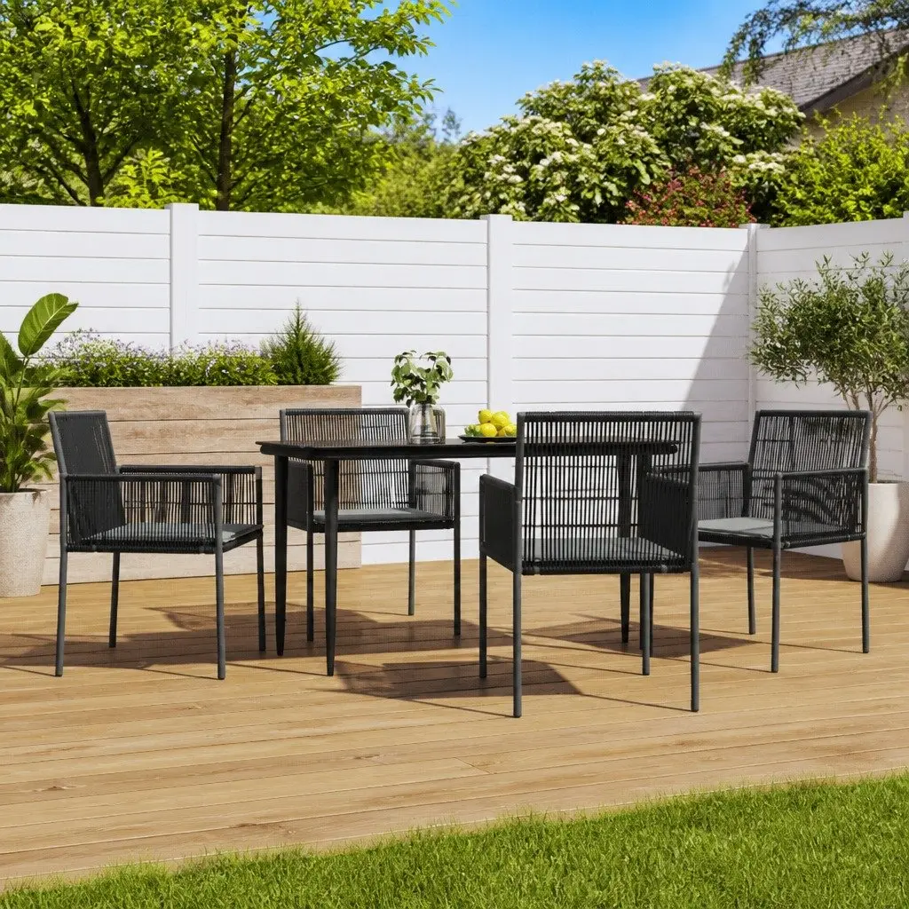 5 Piece Outdoor Dining Set Black Steel Frame Tempered Glass Top Poly Rattan Cushioned Chairs