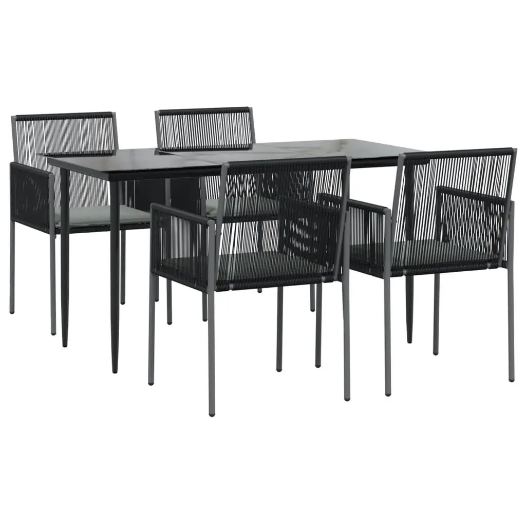 5 Piece Outdoor Dining Set Black Steel Frame Tempered Glass Top Poly Rattan Cushioned Chairs