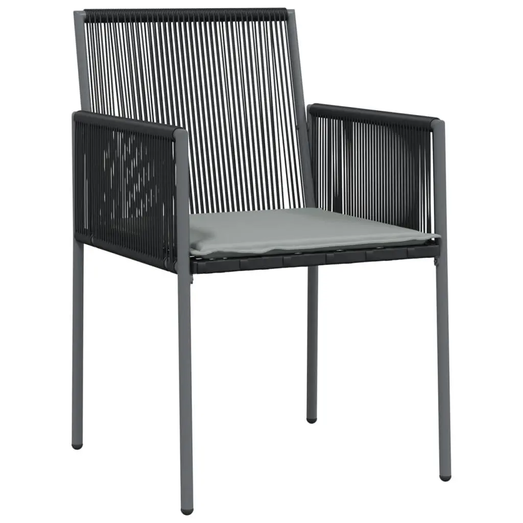 5 Piece Outdoor Dining Set Black Steel Frame Tempered Glass Top Poly Rattan Cushioned Chairs