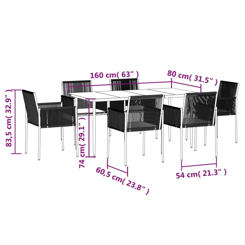 7 Piece Outdoor Garden Dining Set Black PE Rattan Steel Frame Tempered Glass