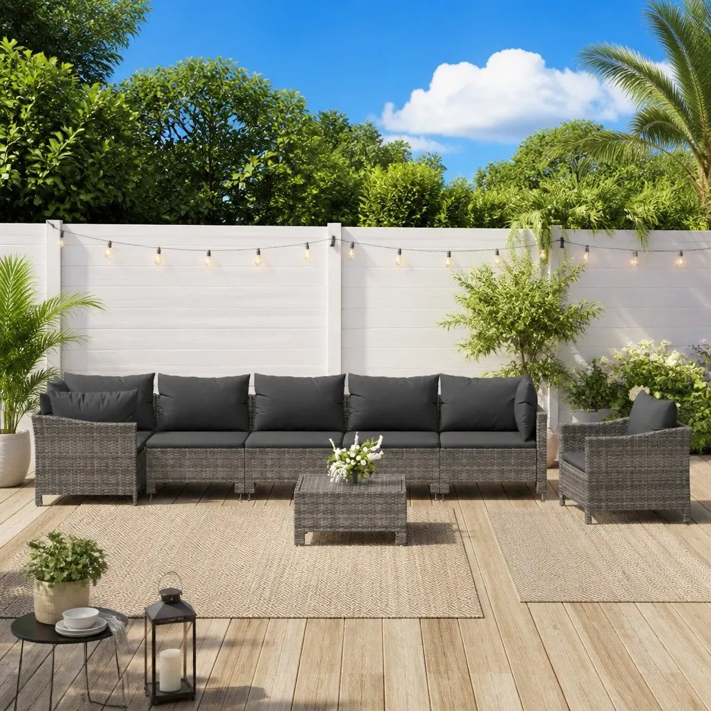 Modular Outdoor Furniture Set 8 Piece Grey Poly Rattan Lounge with Cushions
