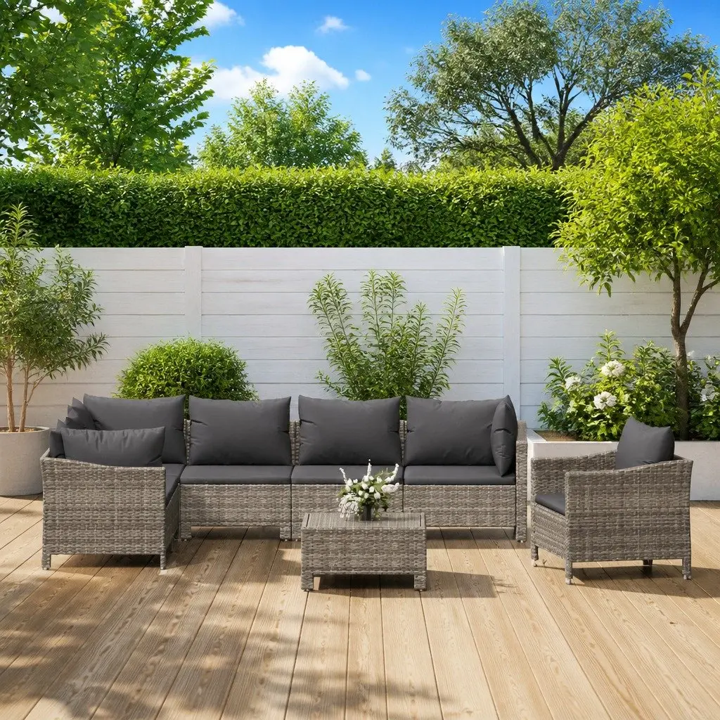 Garden Lounge Set 8 Piece Outdoor Furniture PE Rattan Steel Frame Grey with Cushions