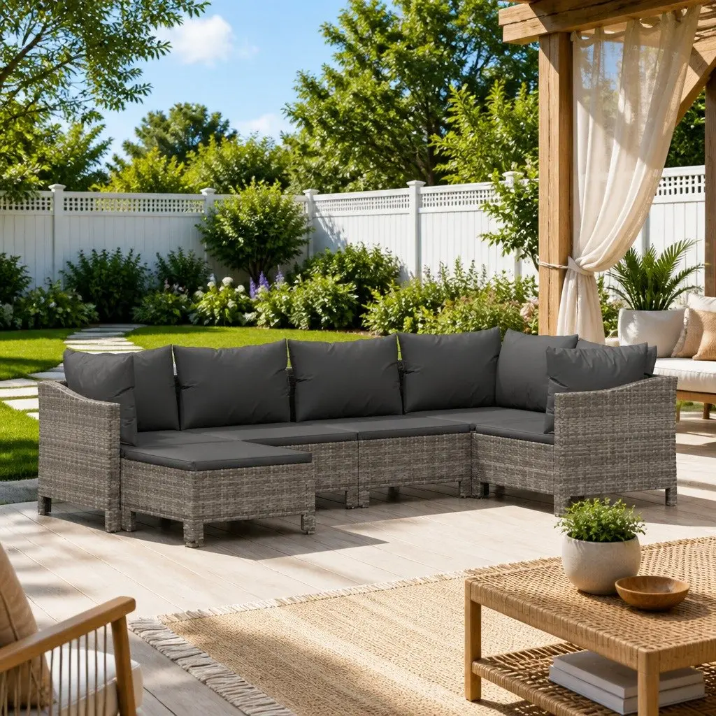 Garden Lounge Set 6 Piece Outdoor Furniture Grey Poly Rattan with Cushions