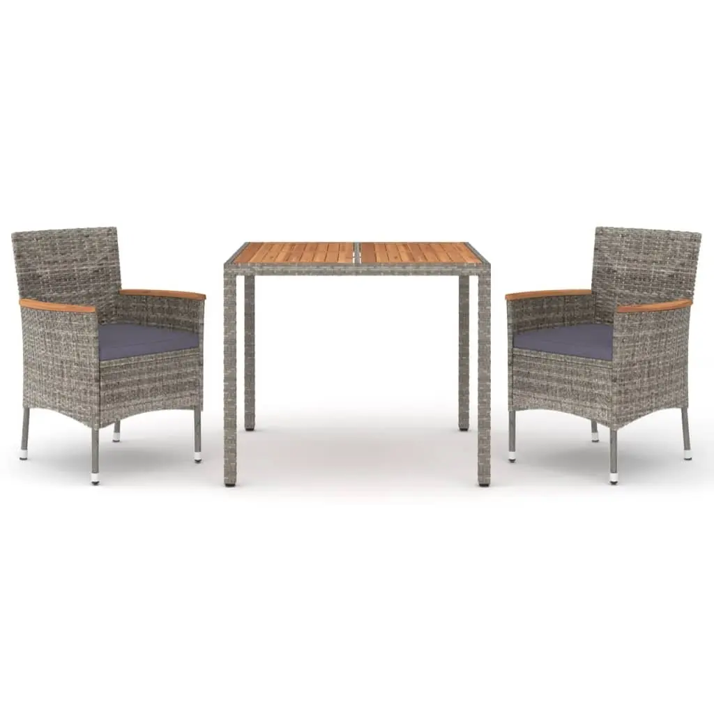 Garden Dining Set 3 Piece Outdoor Furniture Grey PE Rattan Acacia Wood Table Top with Cushions