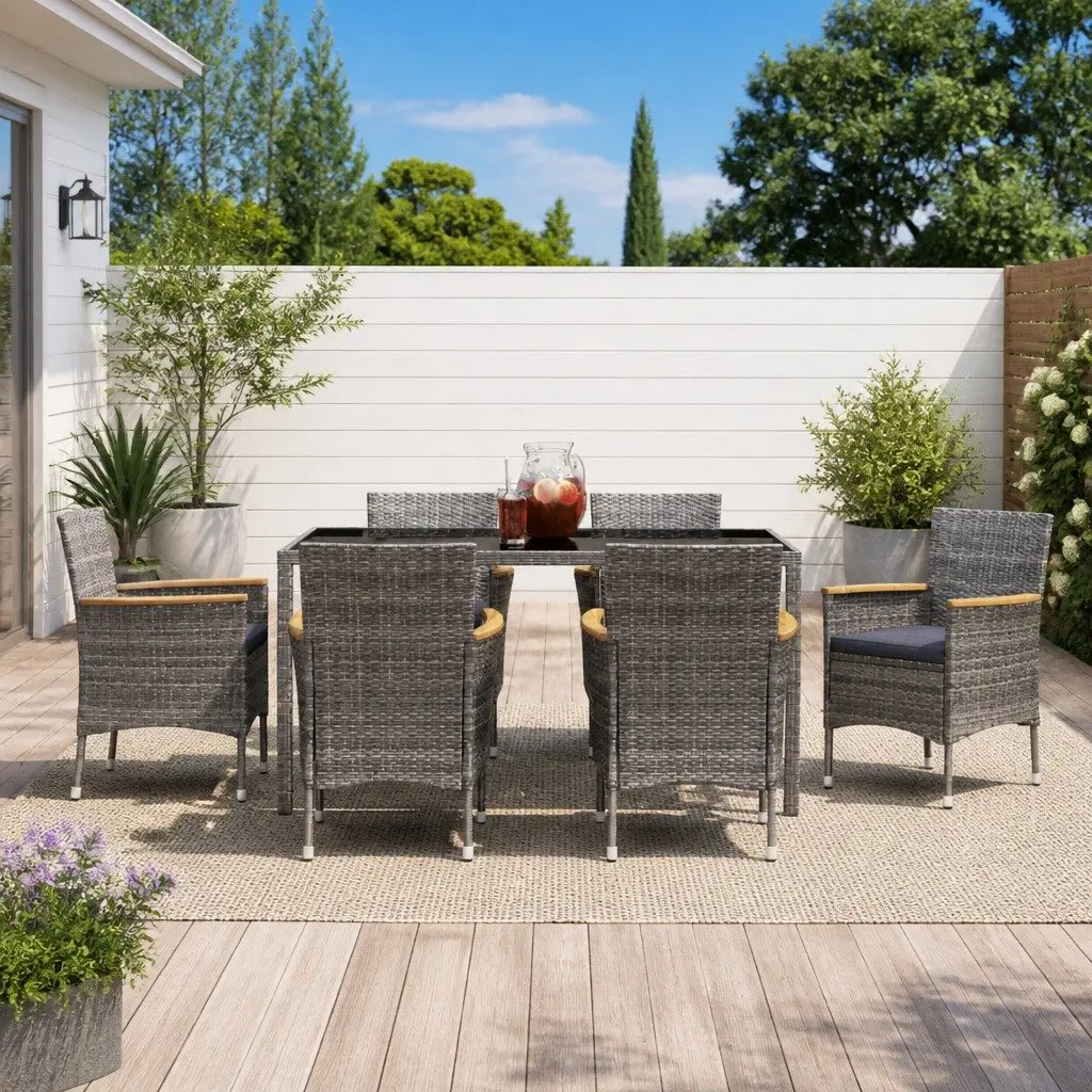 7 Piece Garden Dining Set Grey PE Rattan Outdoor Table Chairs with Cushions