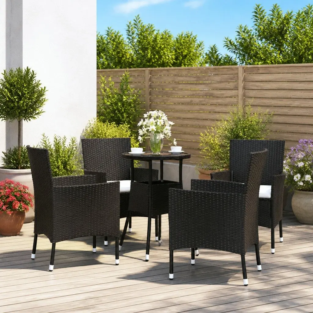 5 Piece Outdoor Bistro Set PE Rattan Black Chairs Table with Cushions