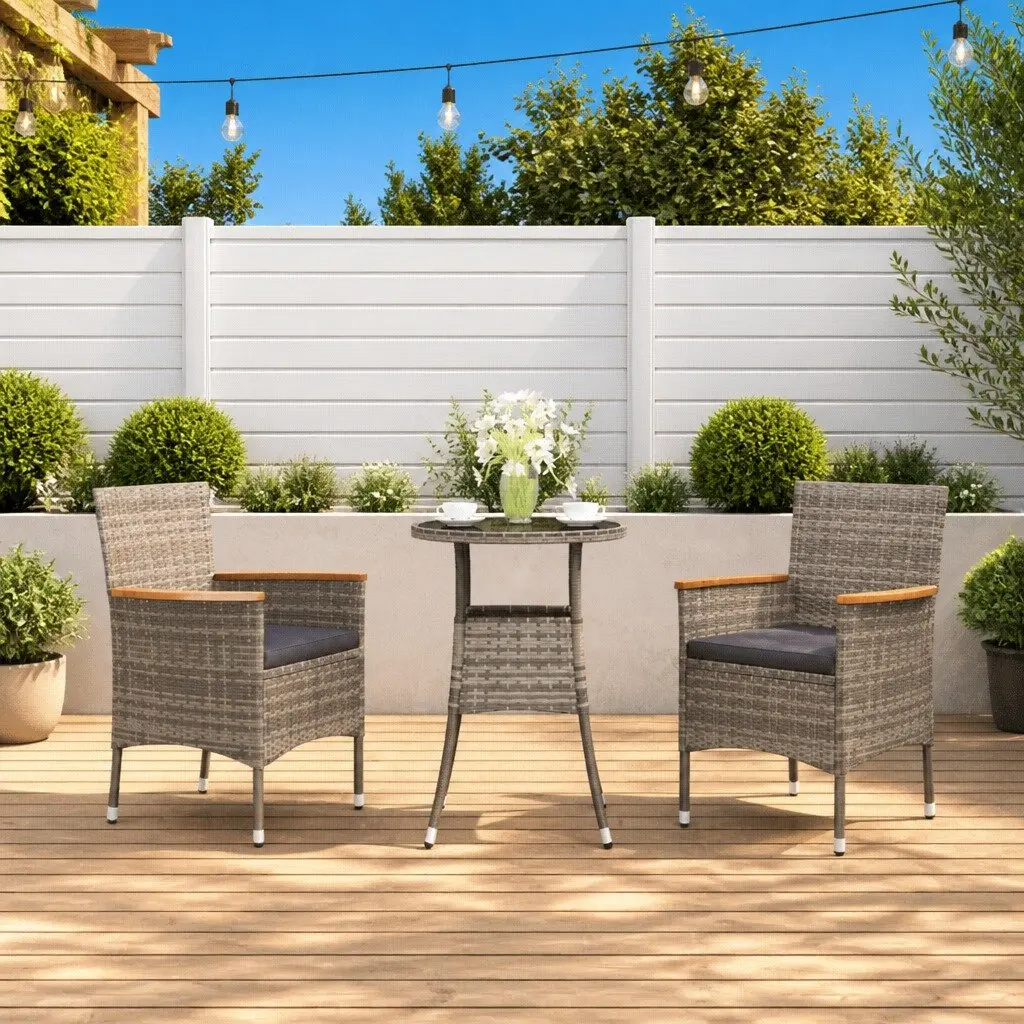 Garden Bistro Set PE Rattan 3 Piece Grey Chairs Table with Cushions Outdoor