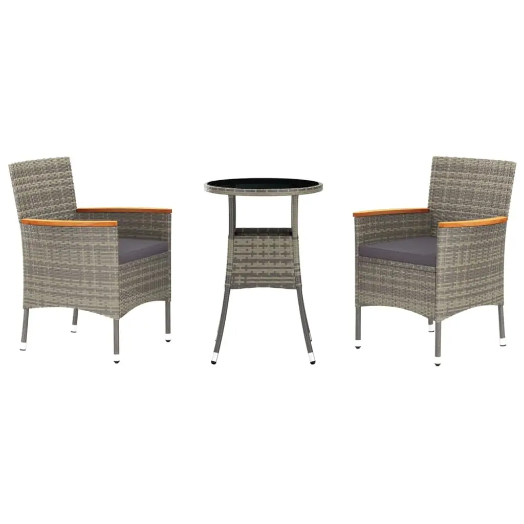Garden Bistro Set PE Rattan 3 Piece Grey Chairs Table with Cushions Outdoor