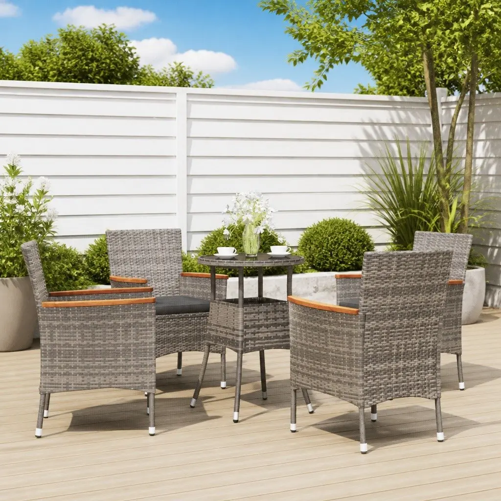 5 Piece Bistro Set Poly Rattan Grey Outdoor Furniture with Cushions Durable Steel Frame