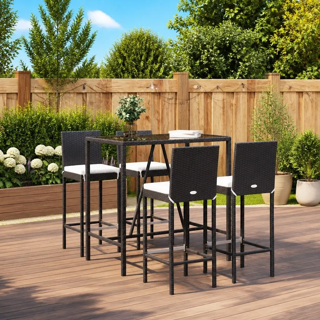 5 Piece Patio Furniture Set Black Cushioned Poly Rattan Outdoor Bar with Tempered Glass Table