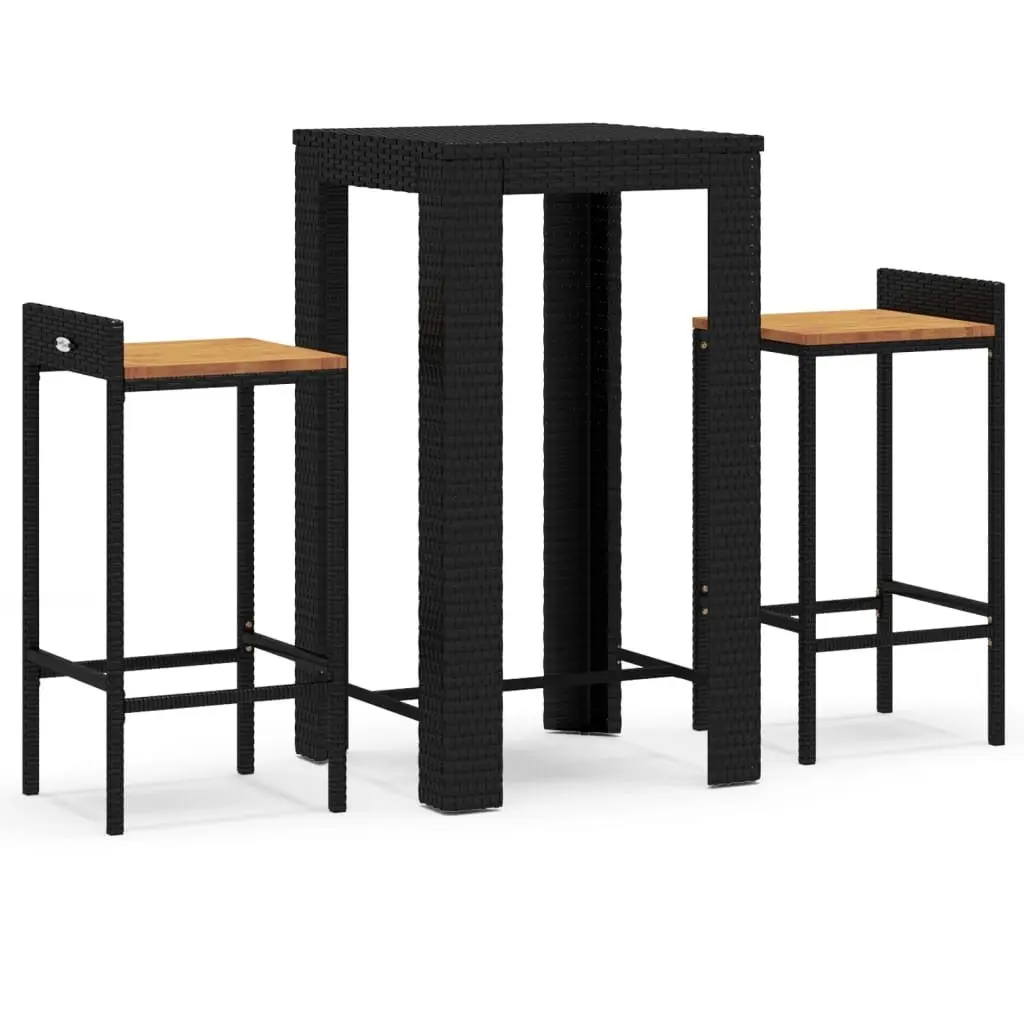 Garden Bar Set PE Rattan Acacia Wood Black 3 Piece Outdoor Furniture