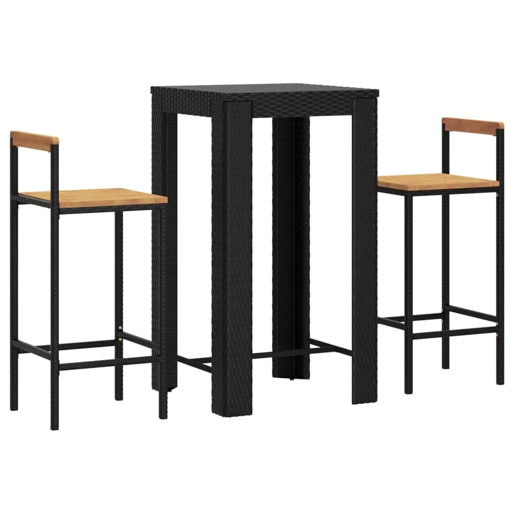 3 Piece Outdoor Bar Set Black PE Rattan Acacia Wood Powder Coated Steel Frame Garden Furniture