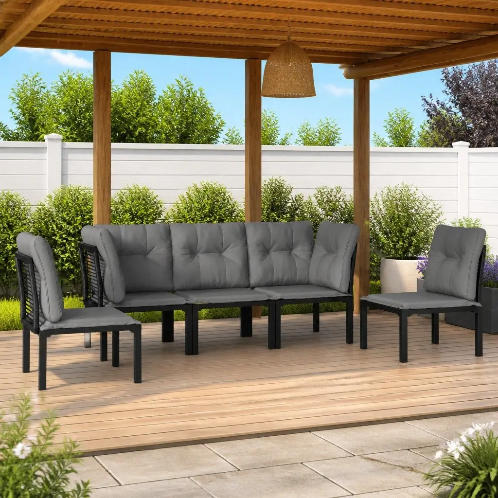 5 Piece Outdoor Garden Lounge Set Black Grey Poly Rattan Patio Furniture