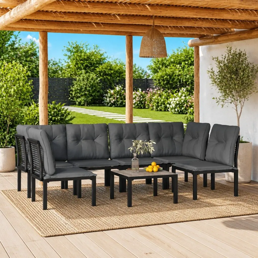 7 Piece Modular Outdoor Lounge Set PE Poly Rattan Black Grey with Powder Coated Steel Frame