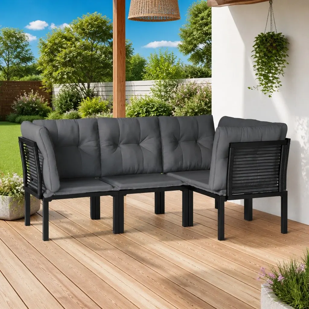 4 Piece Garden Lounge Set PE Rattan Powder Coated Steel Black Grey Outdoor Furniture