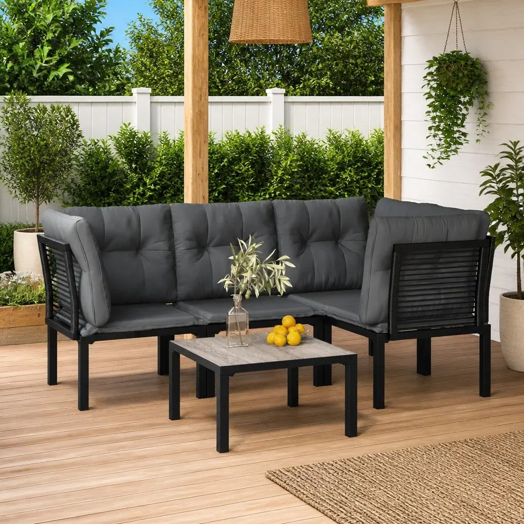 5 Piece Outdoor Lounge Set Poly Rattan Black Grey Modular Patio Furniture