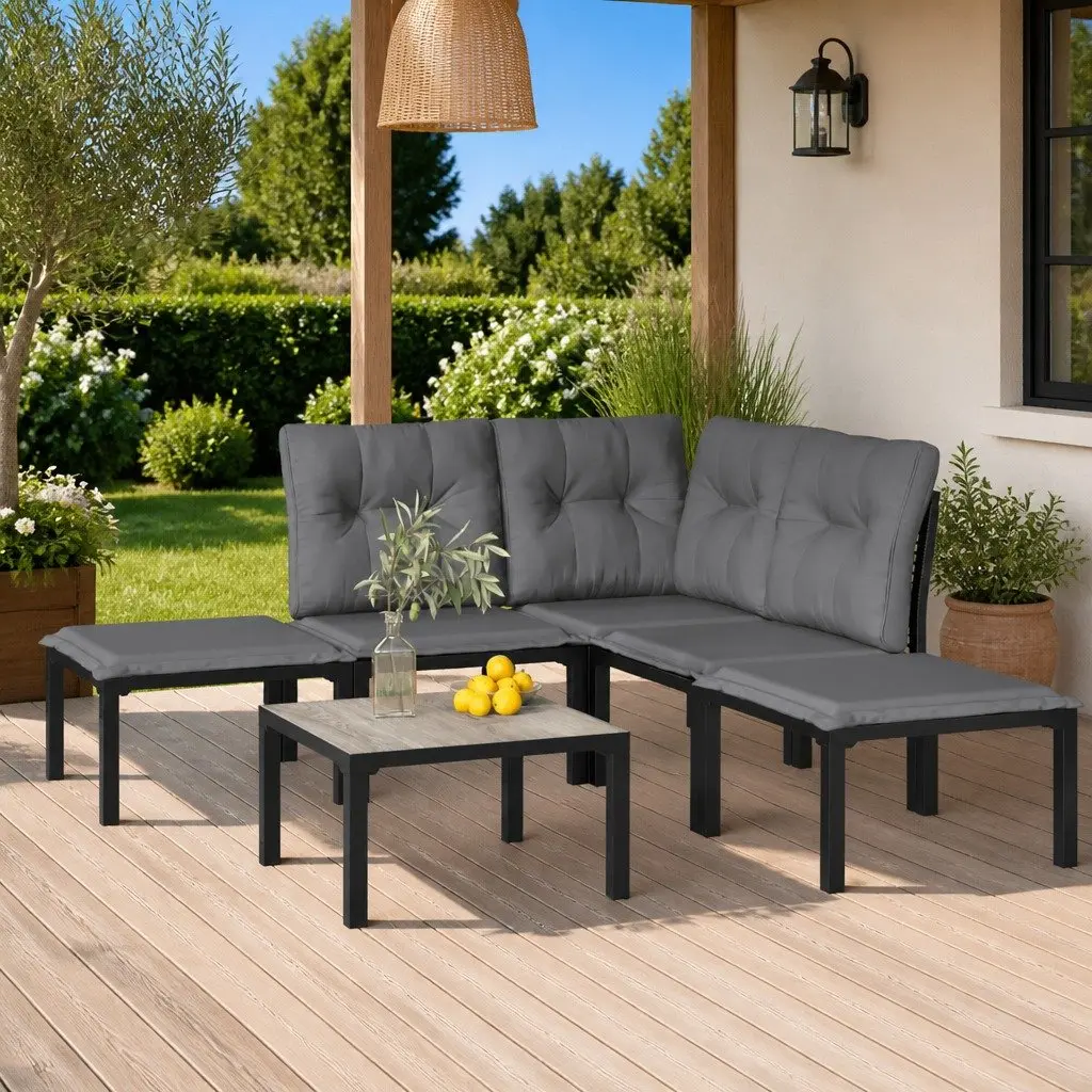 6 Piece Outdoor Garden Lounge Set Poly Rattan Black Grey Furniture Patio Seating