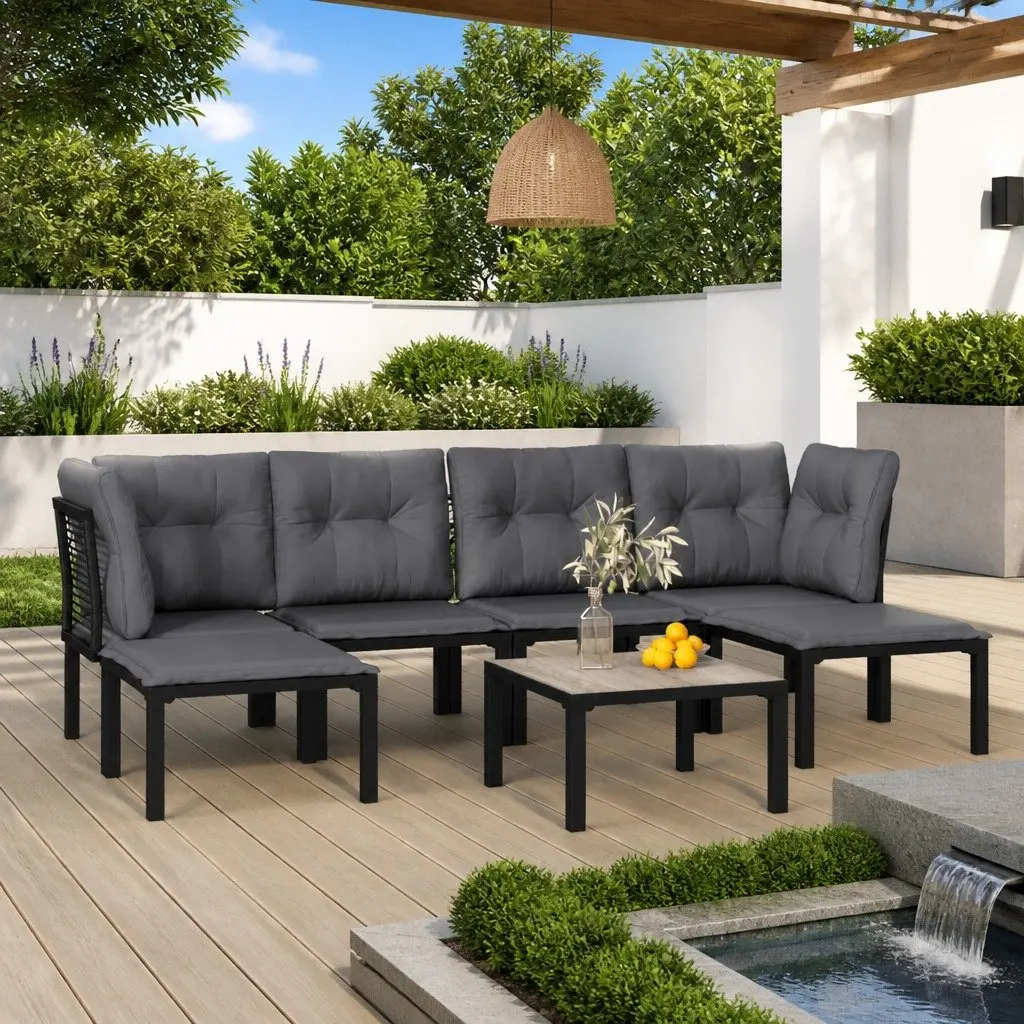 7 Piece Outdoor Garden Lounge Set Poly Rattan Black Grey Modular Patio Furniture