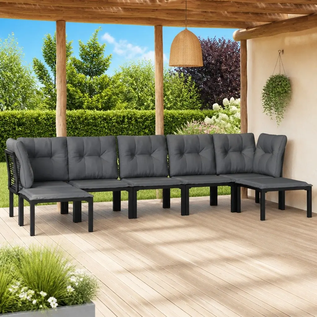 7 Piece Outdoor Garden Lounge Set PE Rattan Modular Black Grey