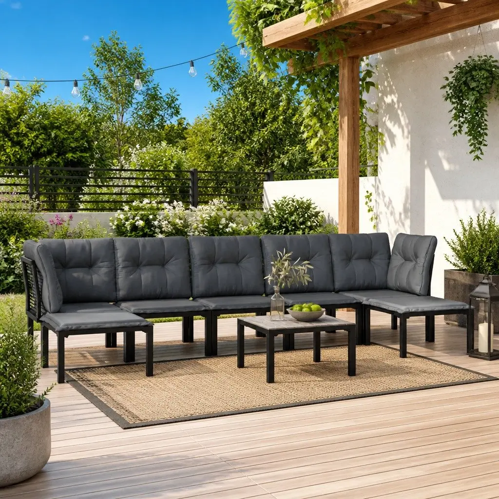 Outdoor Garden Lounge Set 8 Piece Black Grey Poly Rattan Furniture Patio Sofa