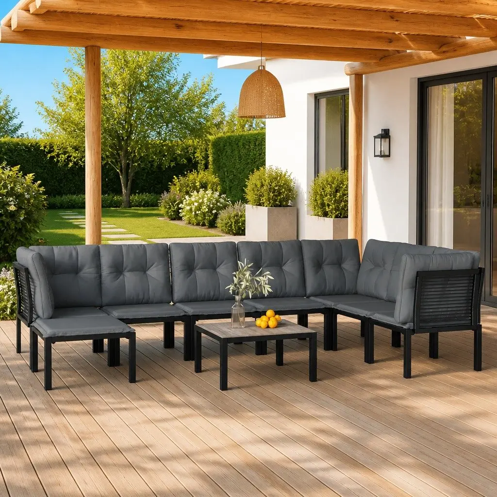 Garden Lounge Set 9 Piece PE Rattan Modular Outdoor Furniture Black Grey