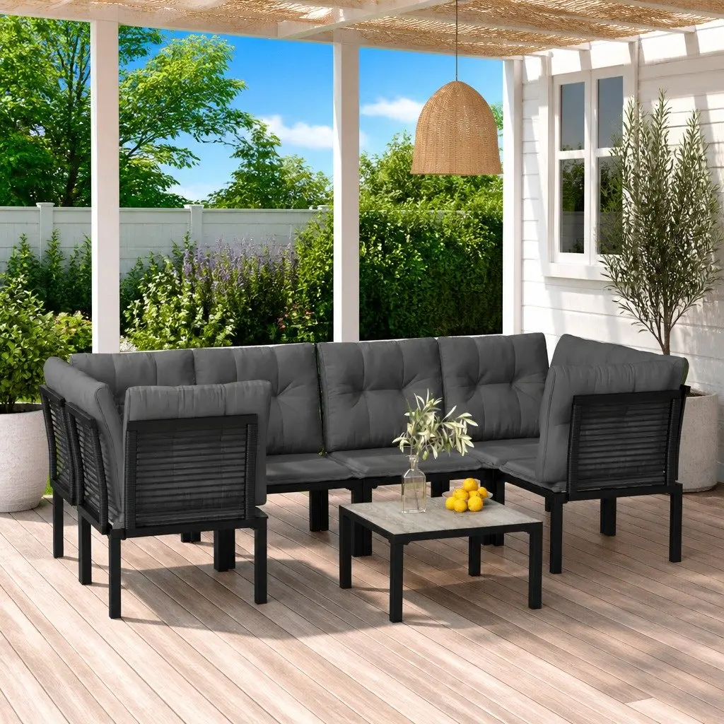 Garden Lounge Set 7 Piece Modular Outdoor Furniture Black Grey PE Rattan