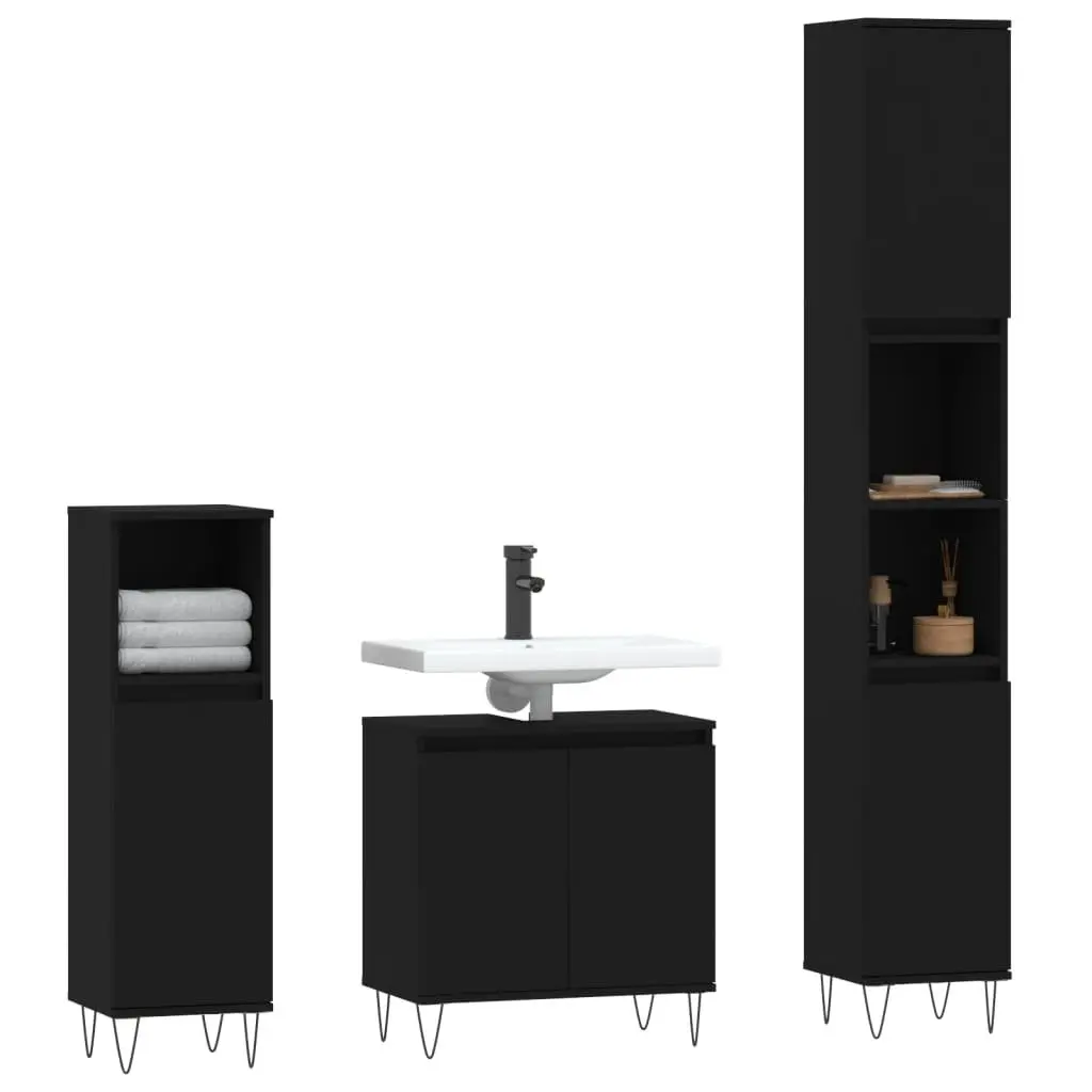Bathroom Cabinet Set Engineered Wood 3 Piece Black Storage Furniture
