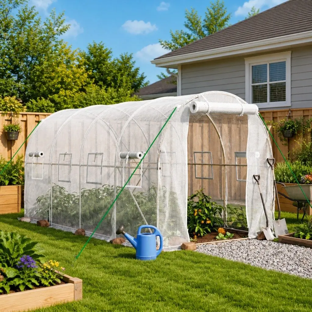 Greenhouse 8m² Steel Frame White 4x2x2 m Garden Plant House Roll-Up Door