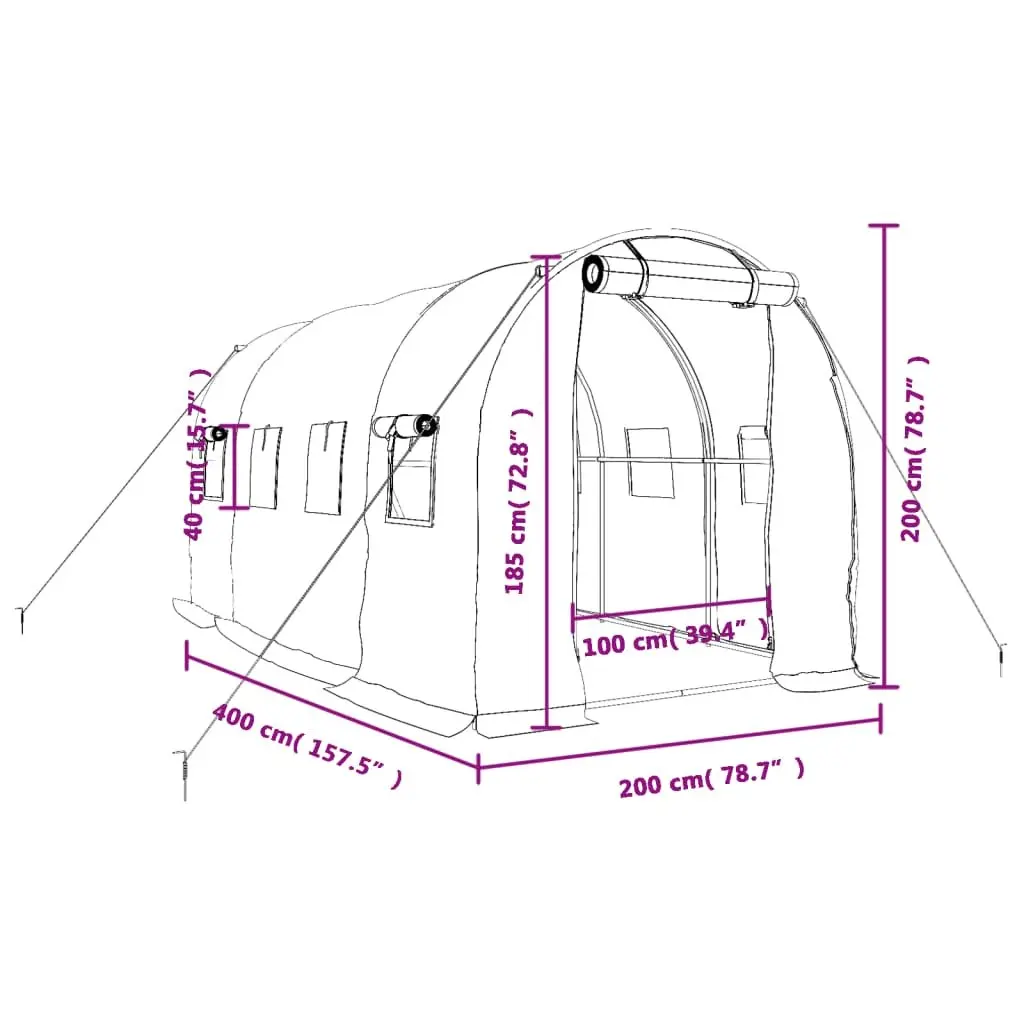 Greenhouse 8m² Steel Frame White 4x2x2 m Garden Plant House Roll-Up Door
