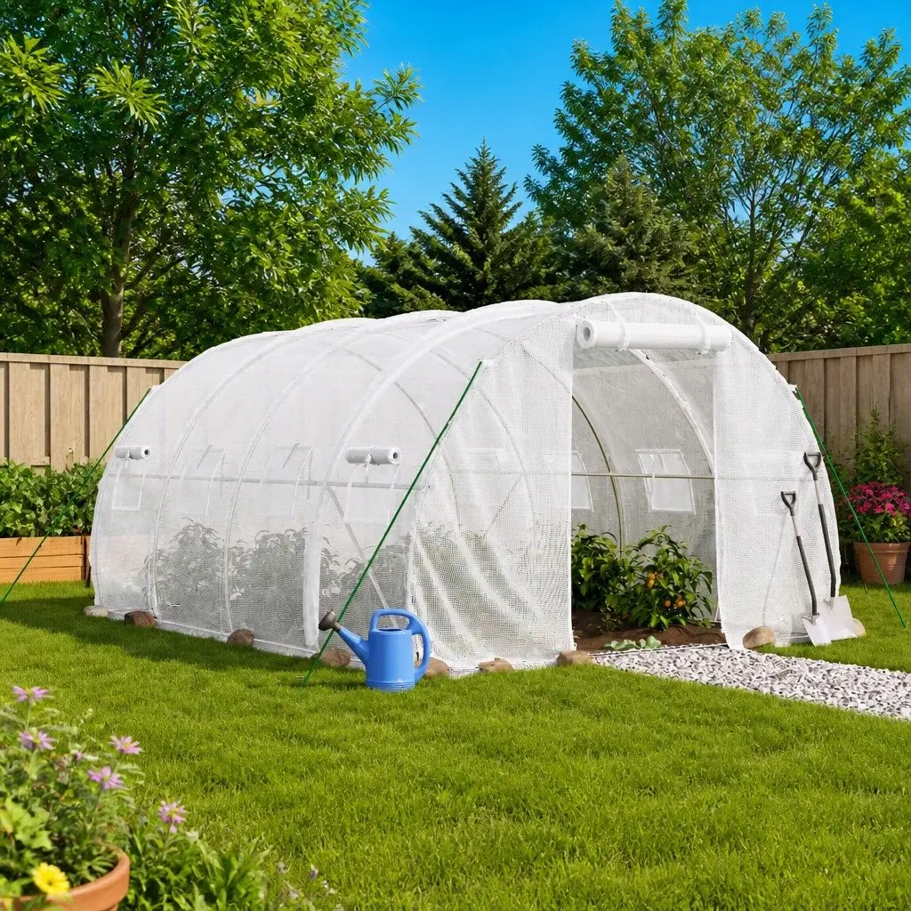 Greenhouse Steel Frame 4x3x2m White PE Cover 12m² Garden Plant House Roll-up Door