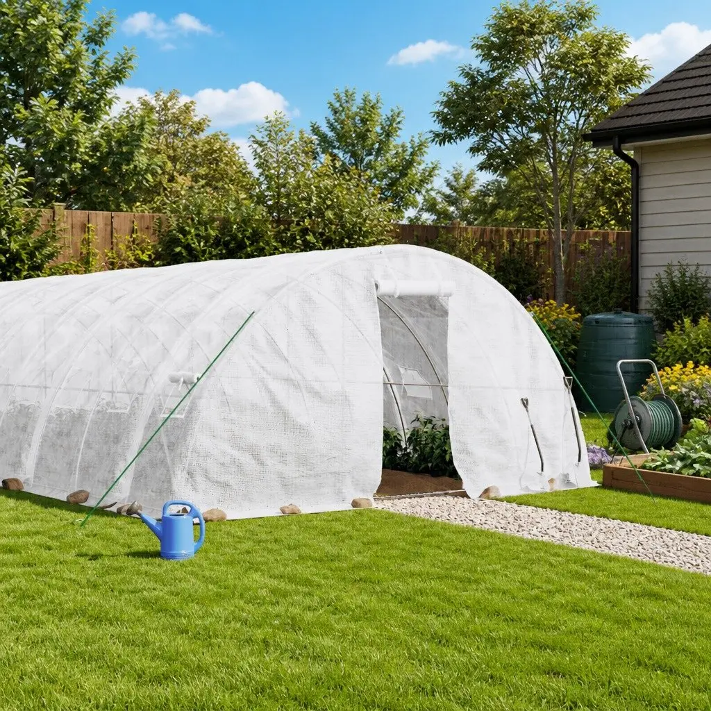 Steel Frame White 30 m² Greenhouse Outdoor Grow Shelter Durable PE Cover Garden Plant House