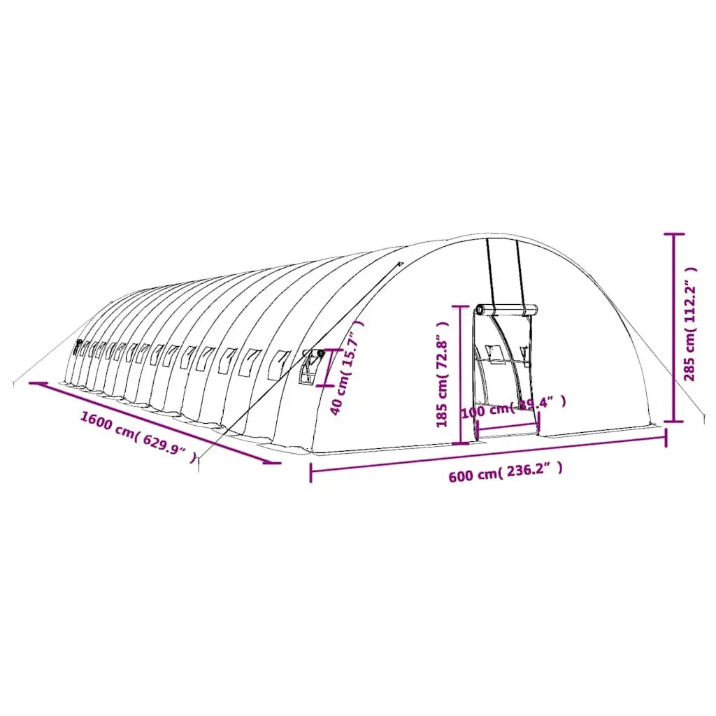 Steel Frame Greenhouse 16m x 6m x 2.85m Green PE Cover 96m² Durable Outdoor Plant House