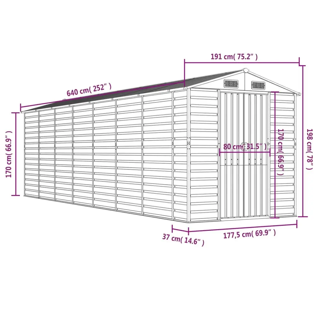 Garden Shed Galvanised Steel 191x640x198 cm Brown Outdoor Storage Tool House