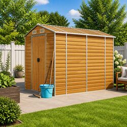 Practical Brown Metal Shed for Garden Tools and Firewood