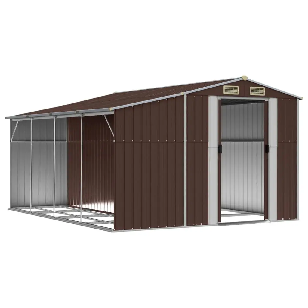 Garden Shed Galvanised Steel Brown 277x365.5x179 cm Outdoor Storage with Firewood Stand