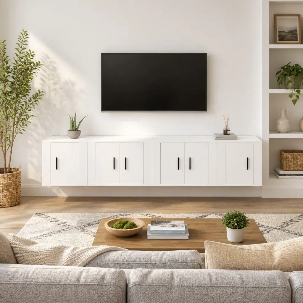 Wall Mounted TV Cabinet Set 4 Piece White Storage Media Unit Engineered Wood