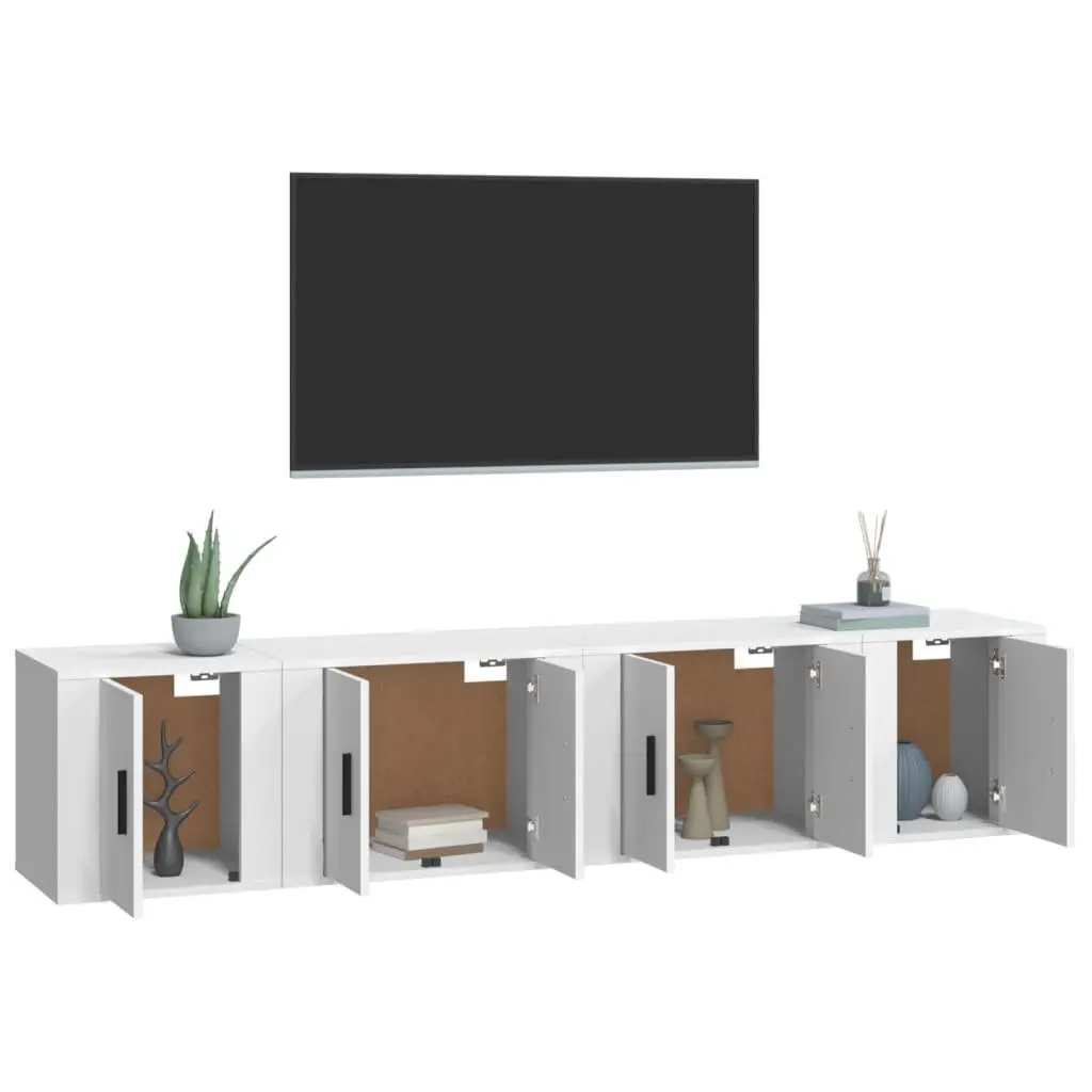 Wall Mounted TV Cabinet Set 4 Piece White Storage Media Unit Engineered Wood